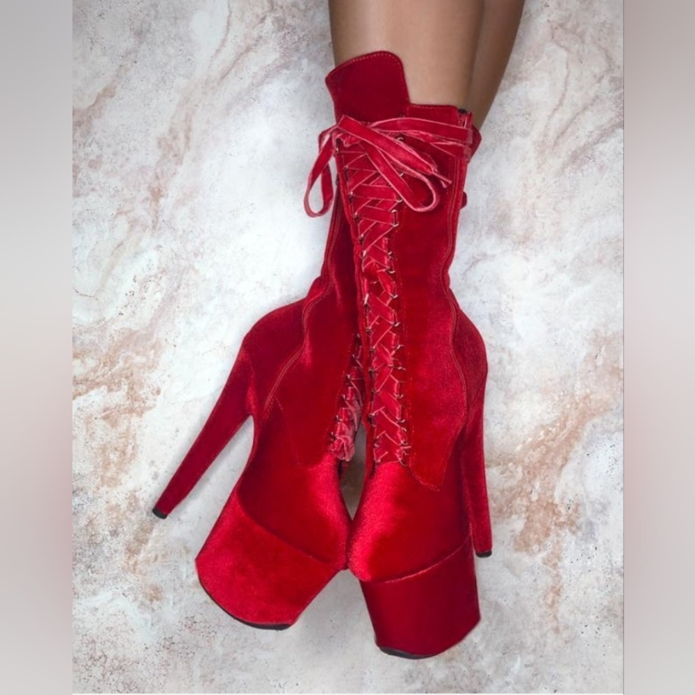 SOLD NIB Hella Heels Babydoll Bad Blood Red Velvet Boots